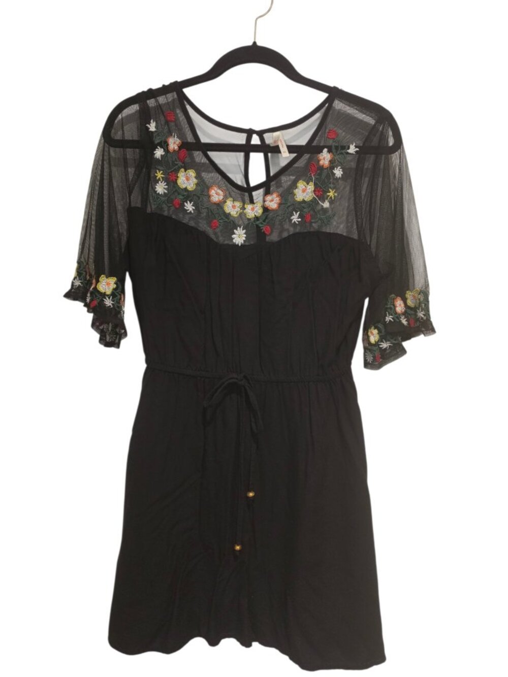 True Destiny black mini dress a sheer mesh yoke Embroidery sleeves XL